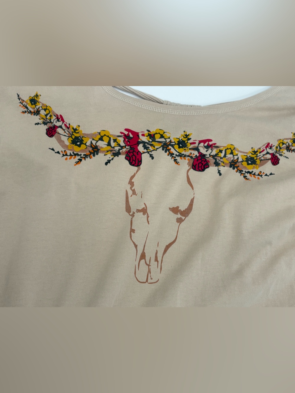 Ariat Tahos Top Womens Large Beige Floral Skull Crochet Open Back Western Tee - Picture 5 of 9